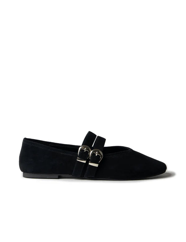 DOUBLE BUCKLE BALLET FLAT in Black by La Tribe