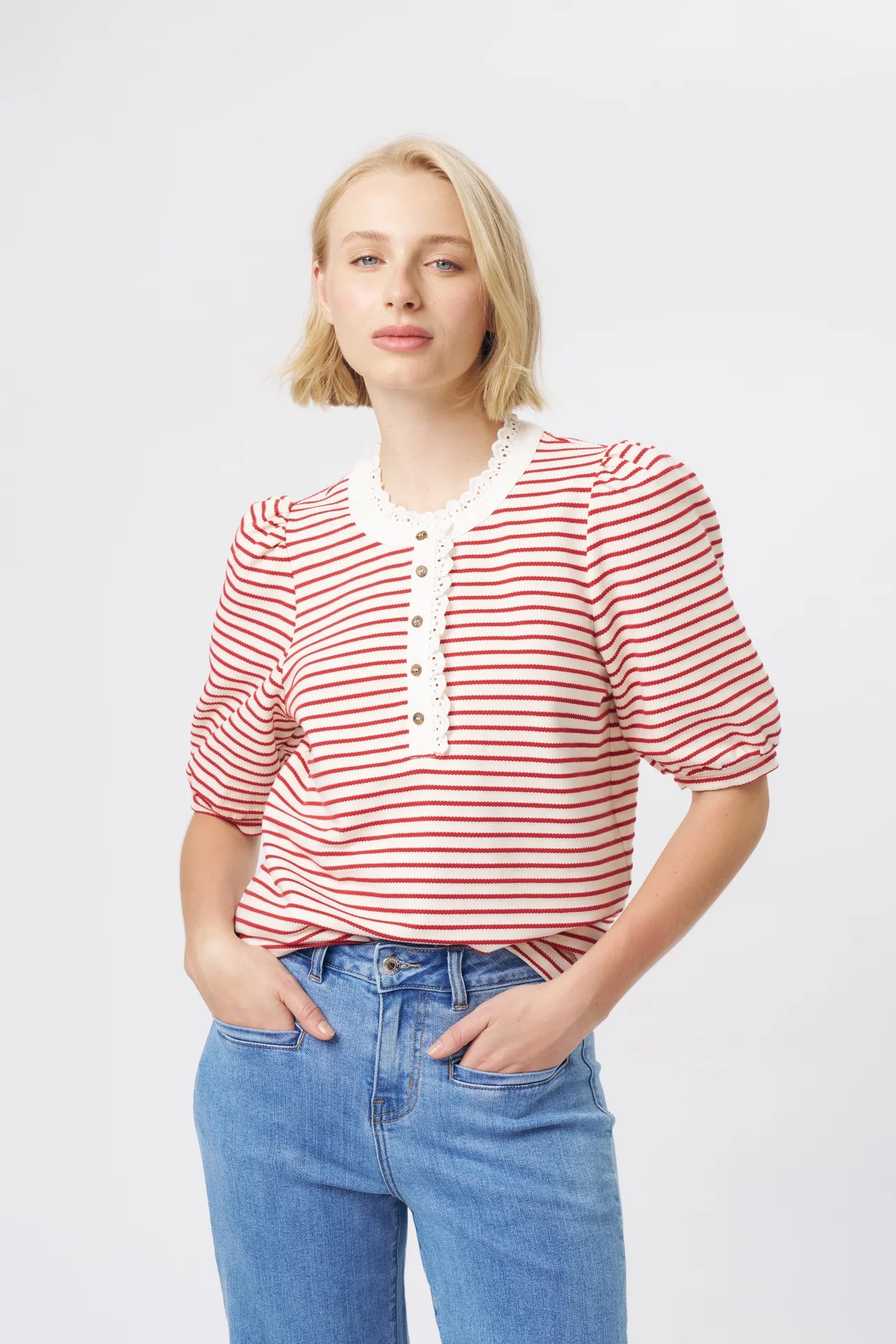 JACQUELINE TOP in White and Red Stripe by Kireina
