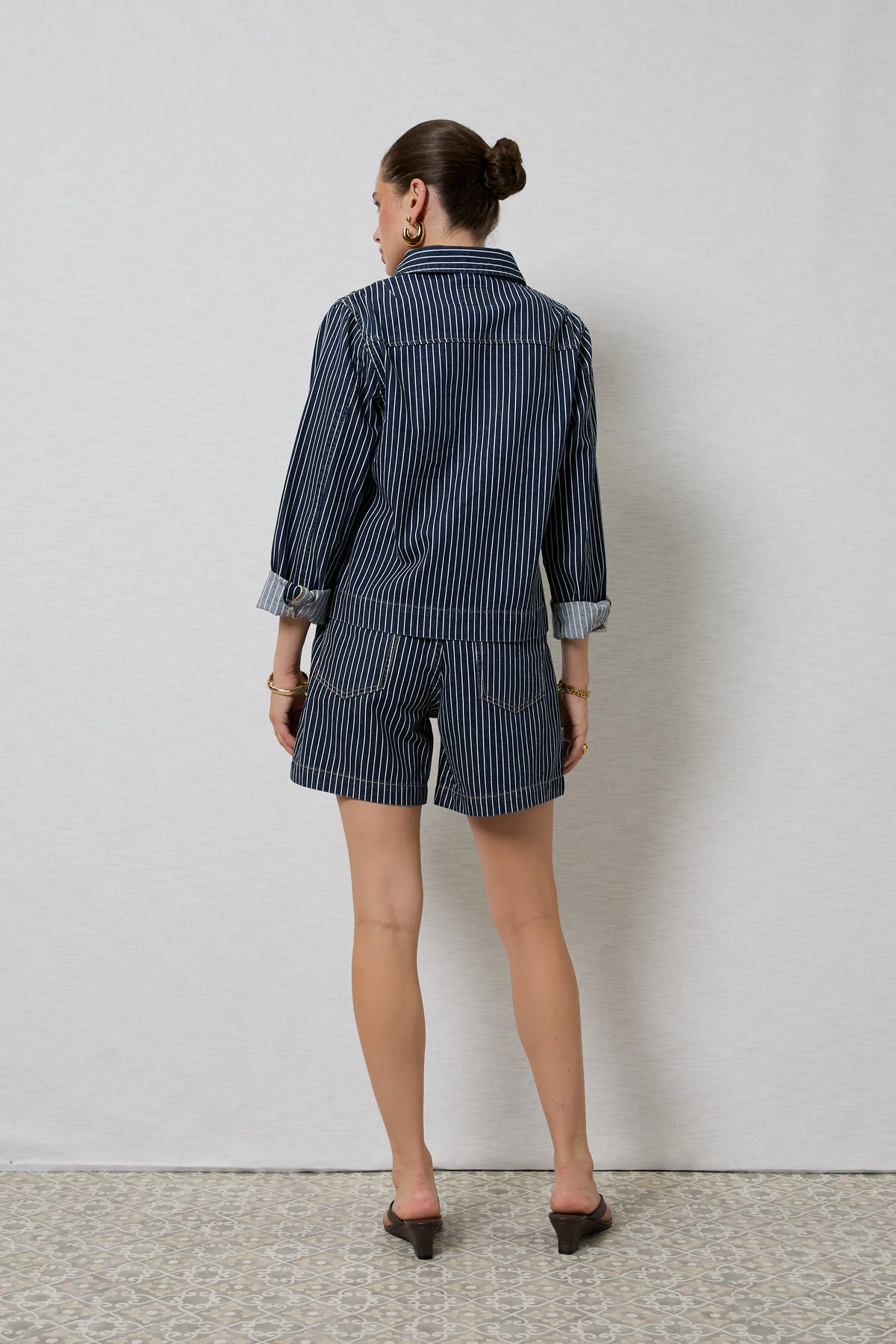 ZOLA LONG DENIM SHORT in Indigo Stripe by Dricoper