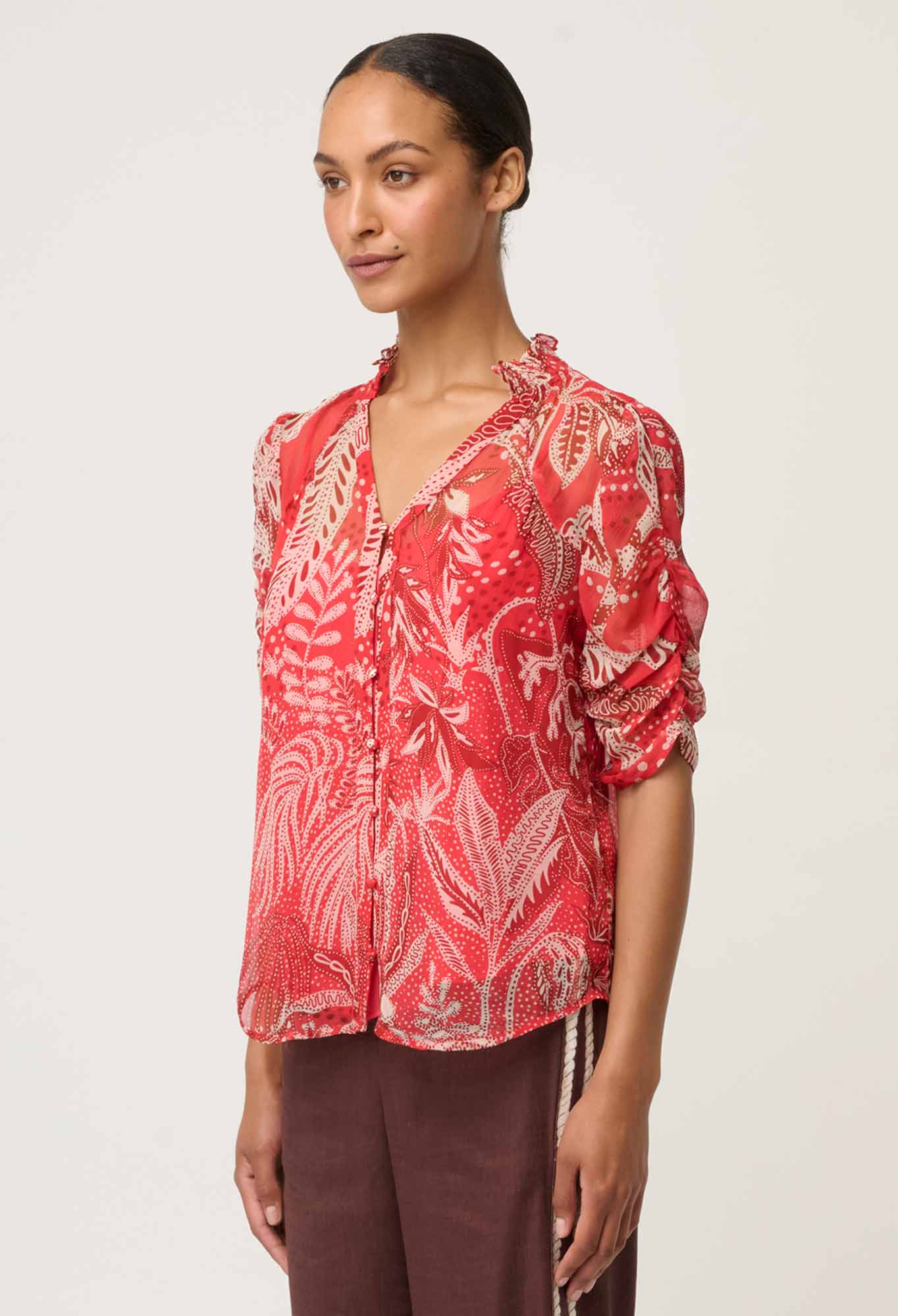 Lunette Viscose Chiffon Blouse in Crimson Palms by OnceWas