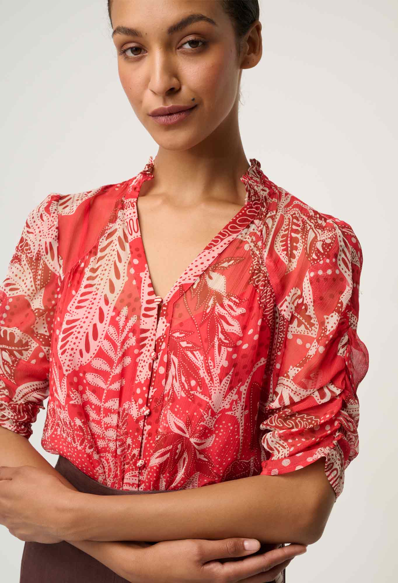 Lunette Viscose Chiffon Blouse in Crimson Palms by OnceWas