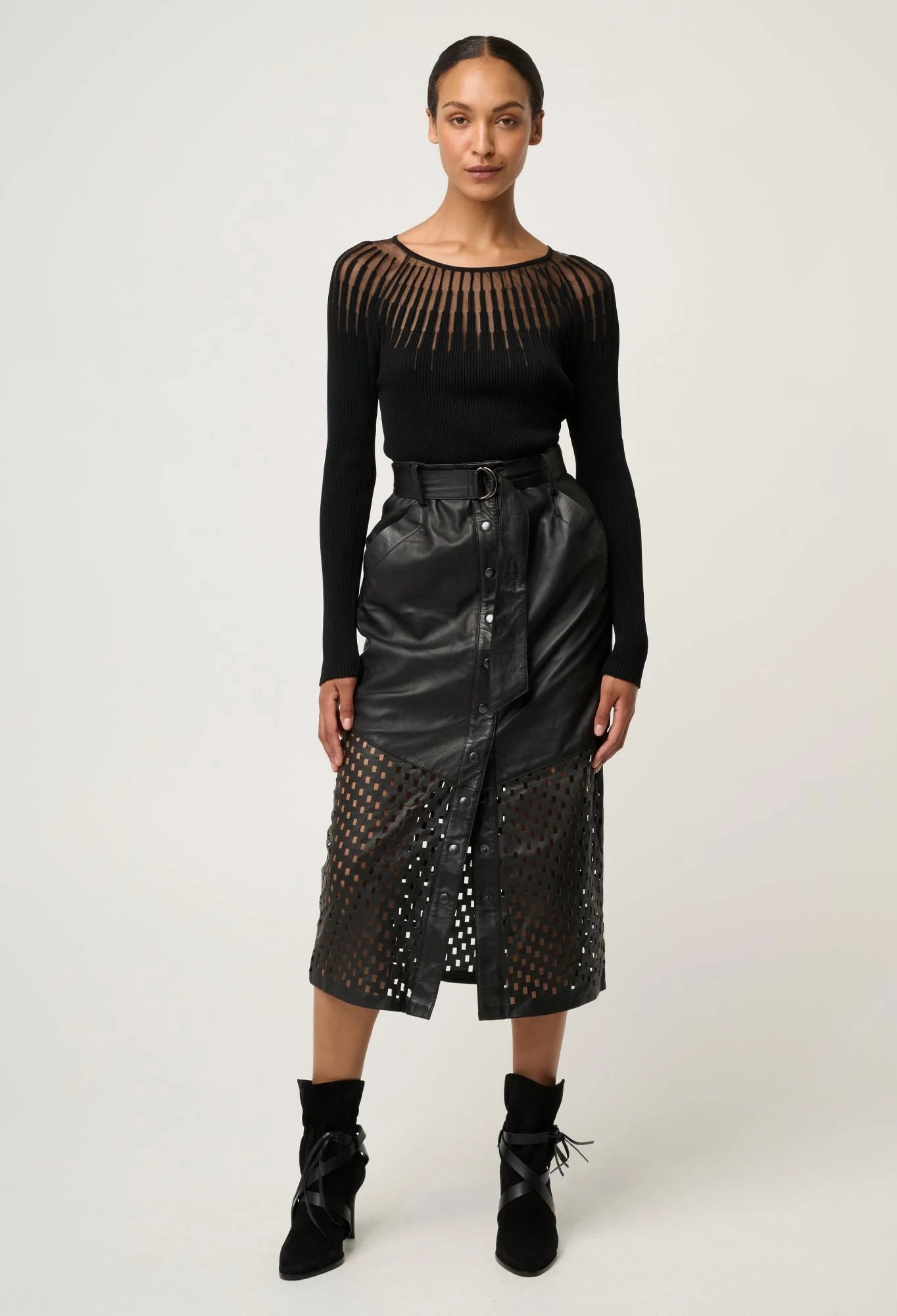 RHIANNON SHEER KNIT TOP in Black from Oncewas