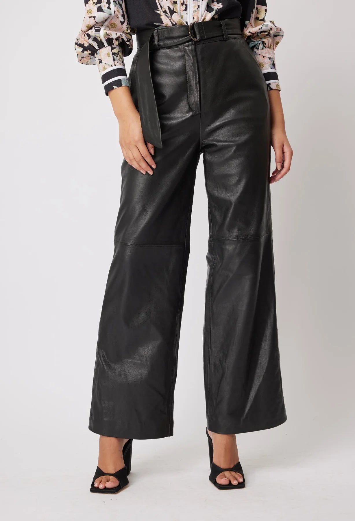 HALSTON LEATHER WIDE LEG PANT in Black from Oncewas