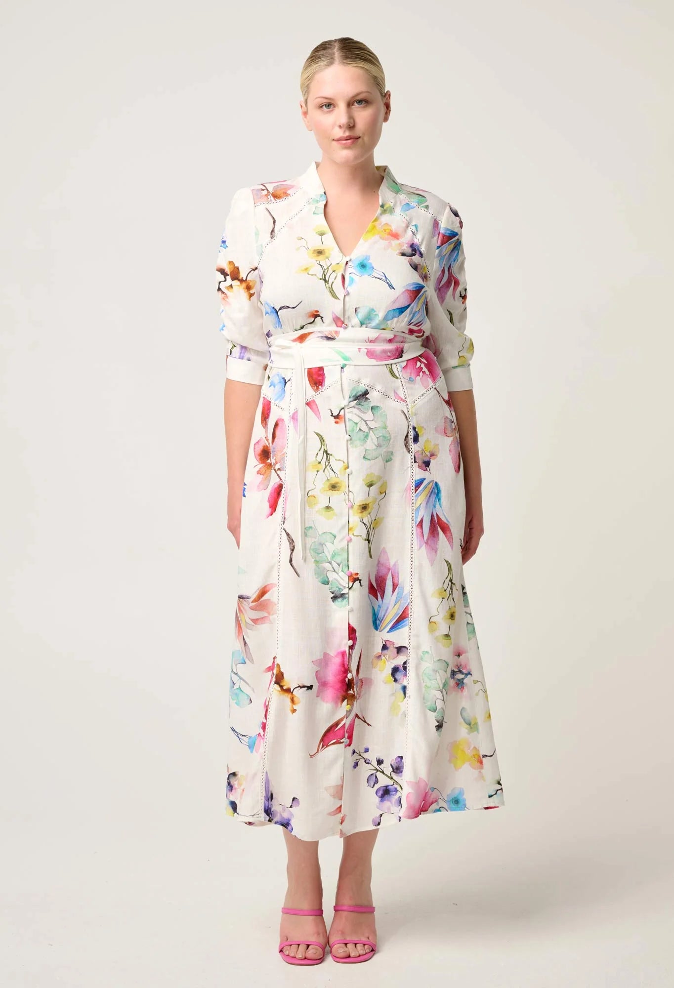 XENIA CONTRAST TRIM YOKE LINEN VISCOSE DRESS in Plume Blossom Print from Once Was
