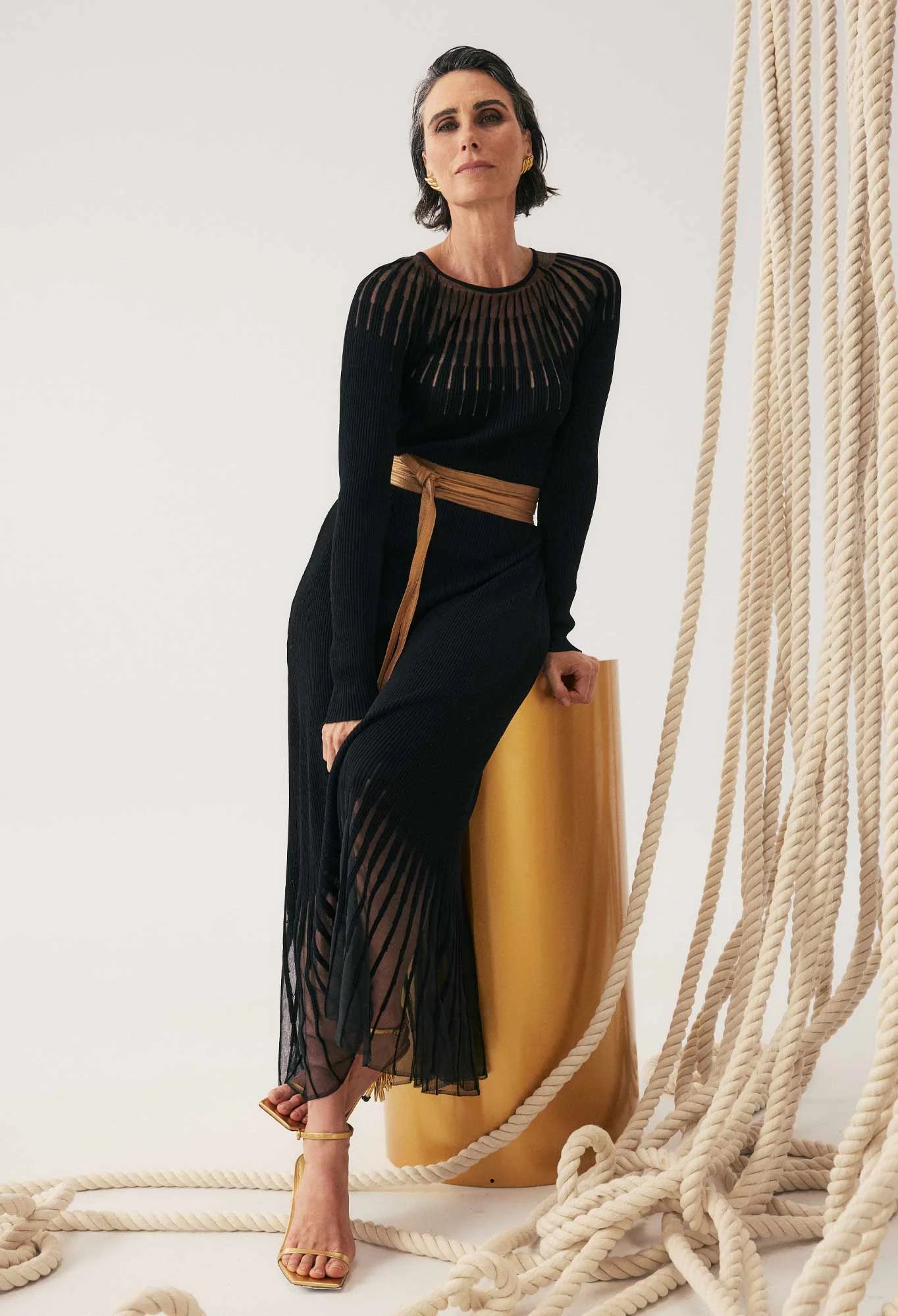 RHIANNON SHEER KNIT DRESS in Black from Oncewas