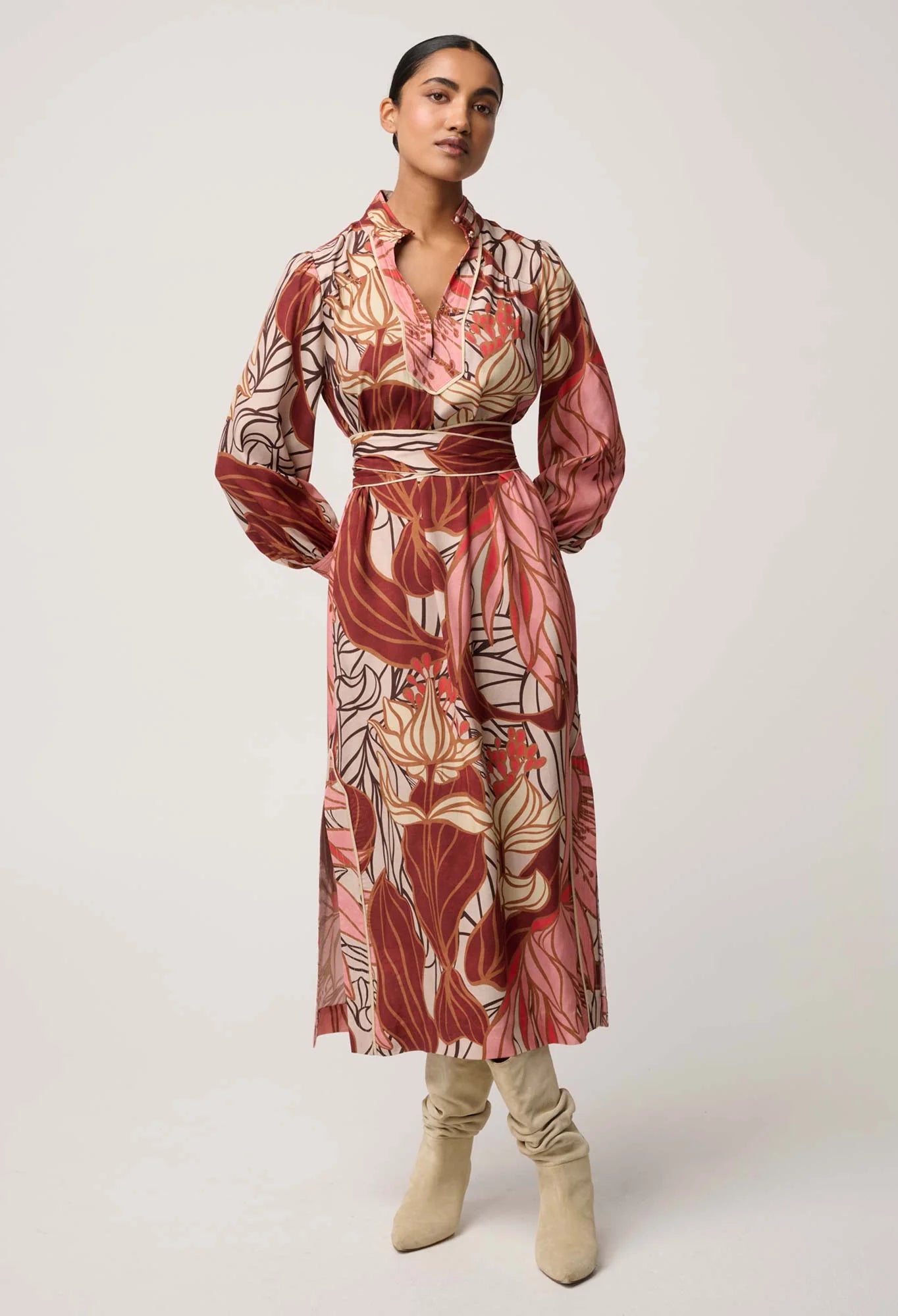 EDITH PRINTED COLUMN MIDI DRESS in Cathedral Botanic from OnceWas