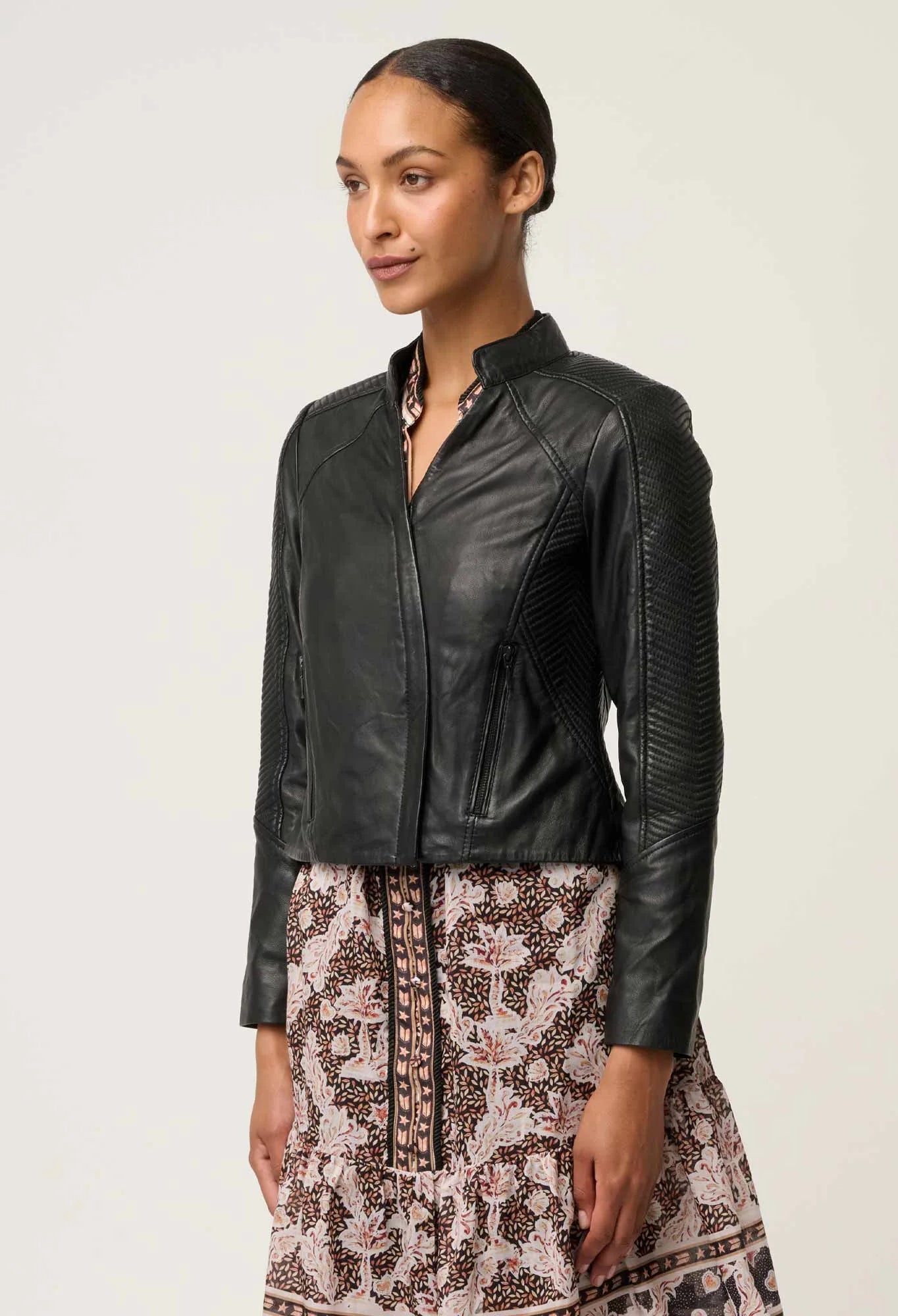 BLAIRE LEATHER HERRINGBONE STITCH JACKET in Black from Oncewas