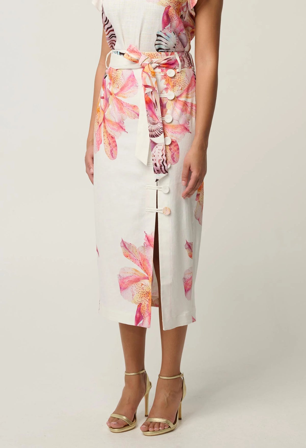ADRIA STRETCH LINEN VISCOSE MIDI SKIRT in Nautilius Bloom from Oncewa