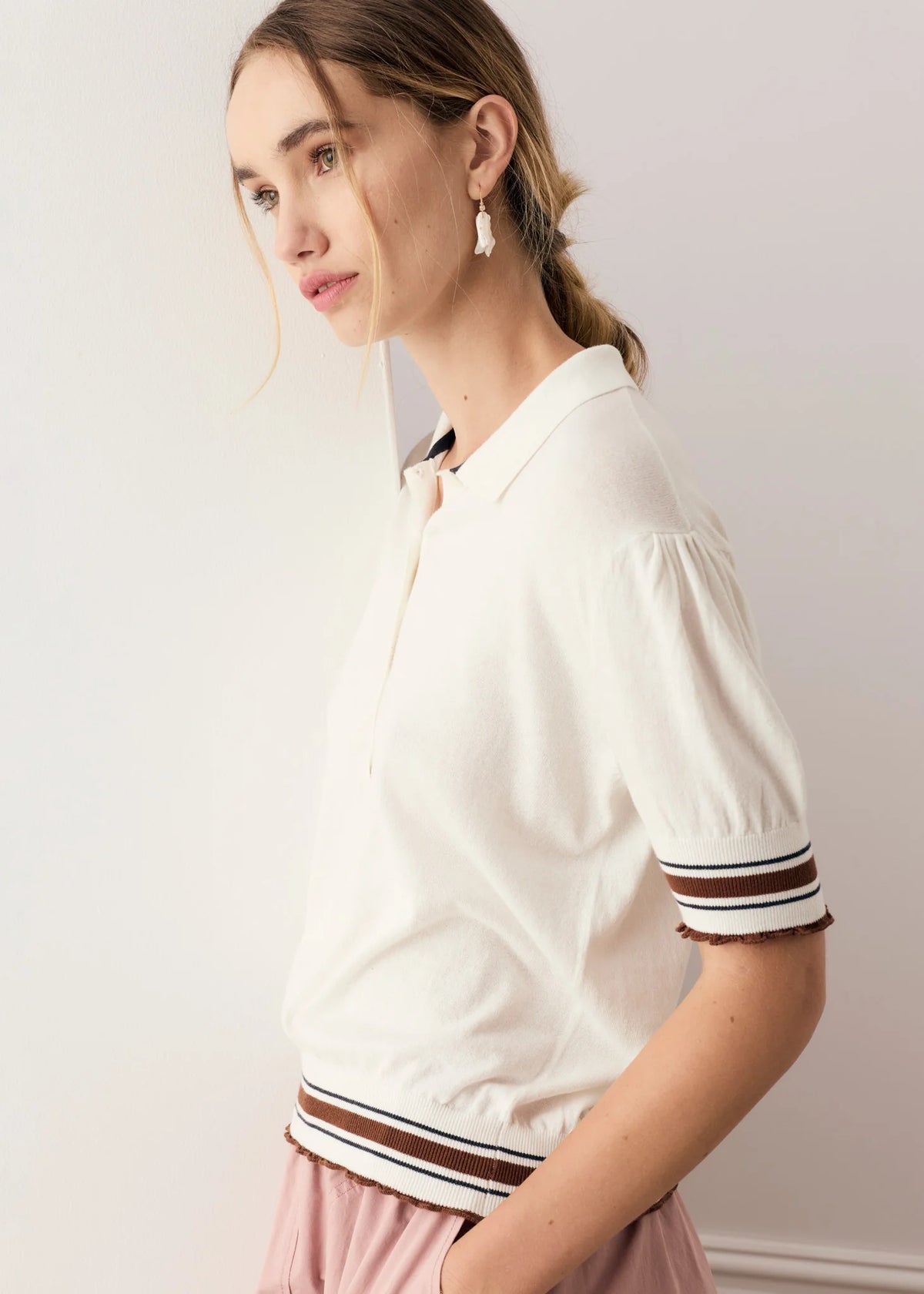 DAHLIA KNIT POLO in White + Toffee by Pol Clothing