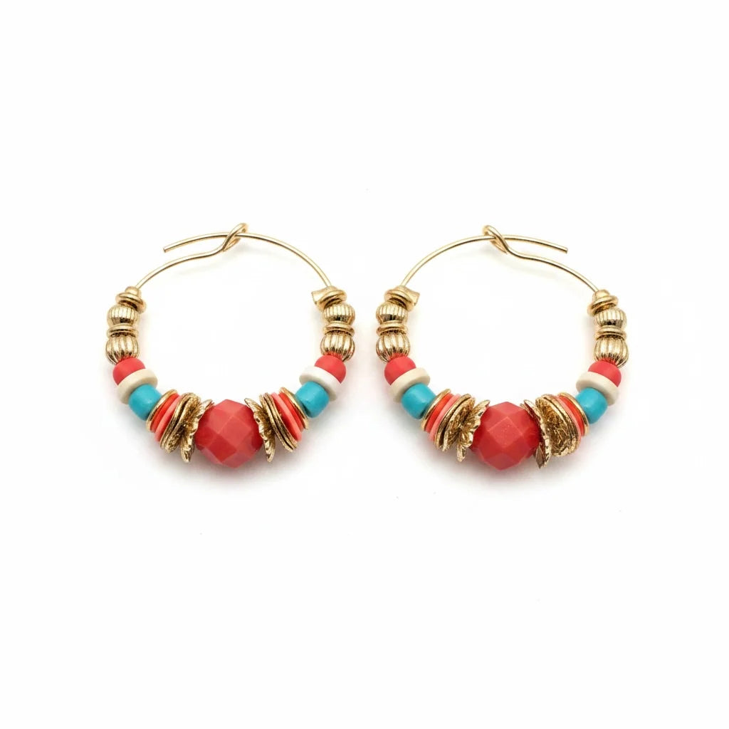 CREOLE ALOHA MINI HOOP HEARRINGS in Gold + Red + Turquiose by Gas Bijoux