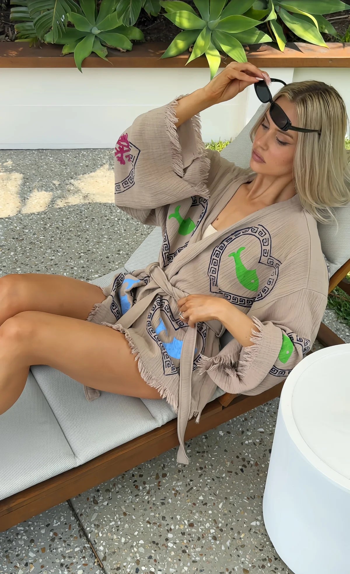 Tan Robe Short Set in Sardine + Coral Print by Cie Cie + Co