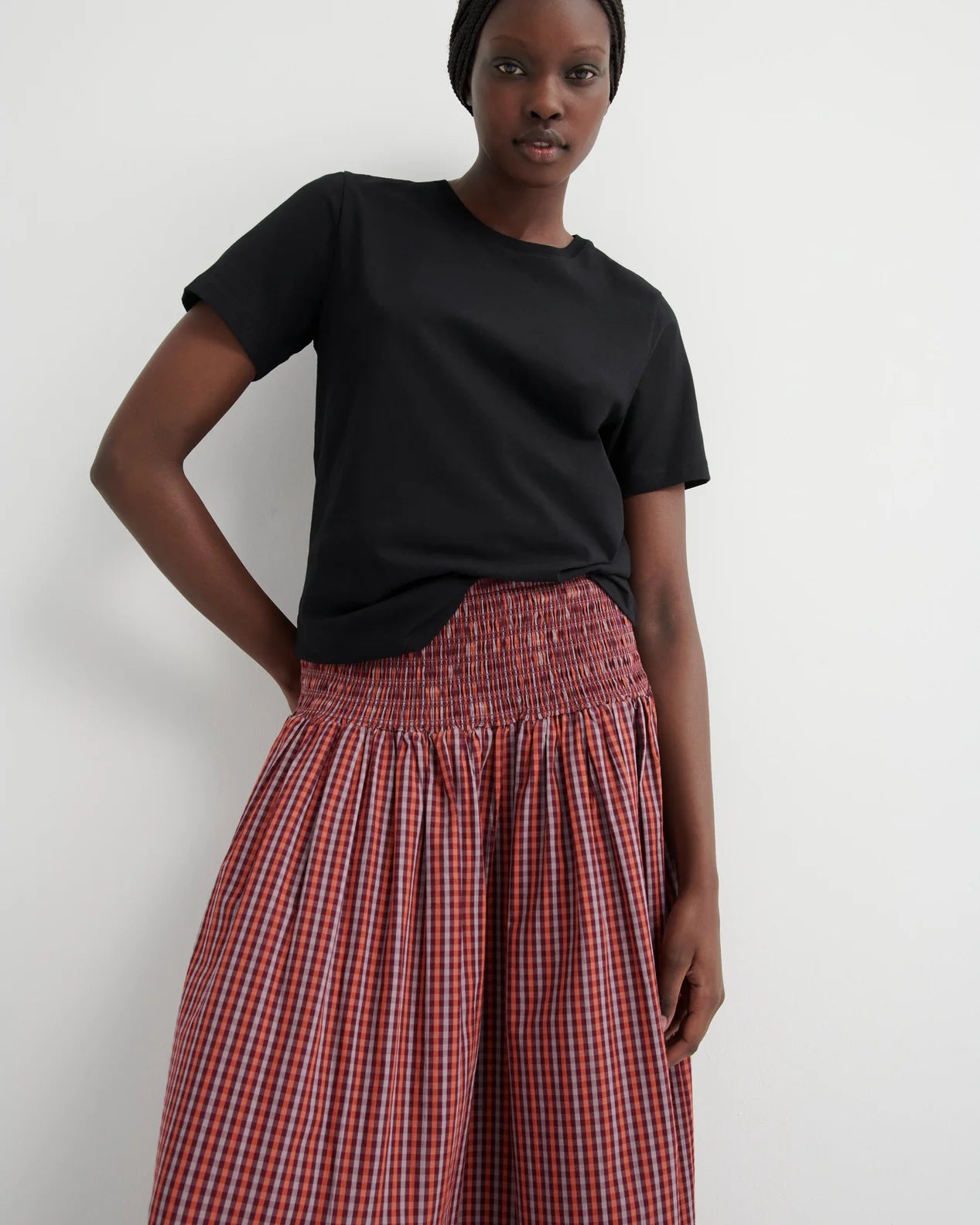 WEAVER SKIRT in Maroon Check by Kowtow