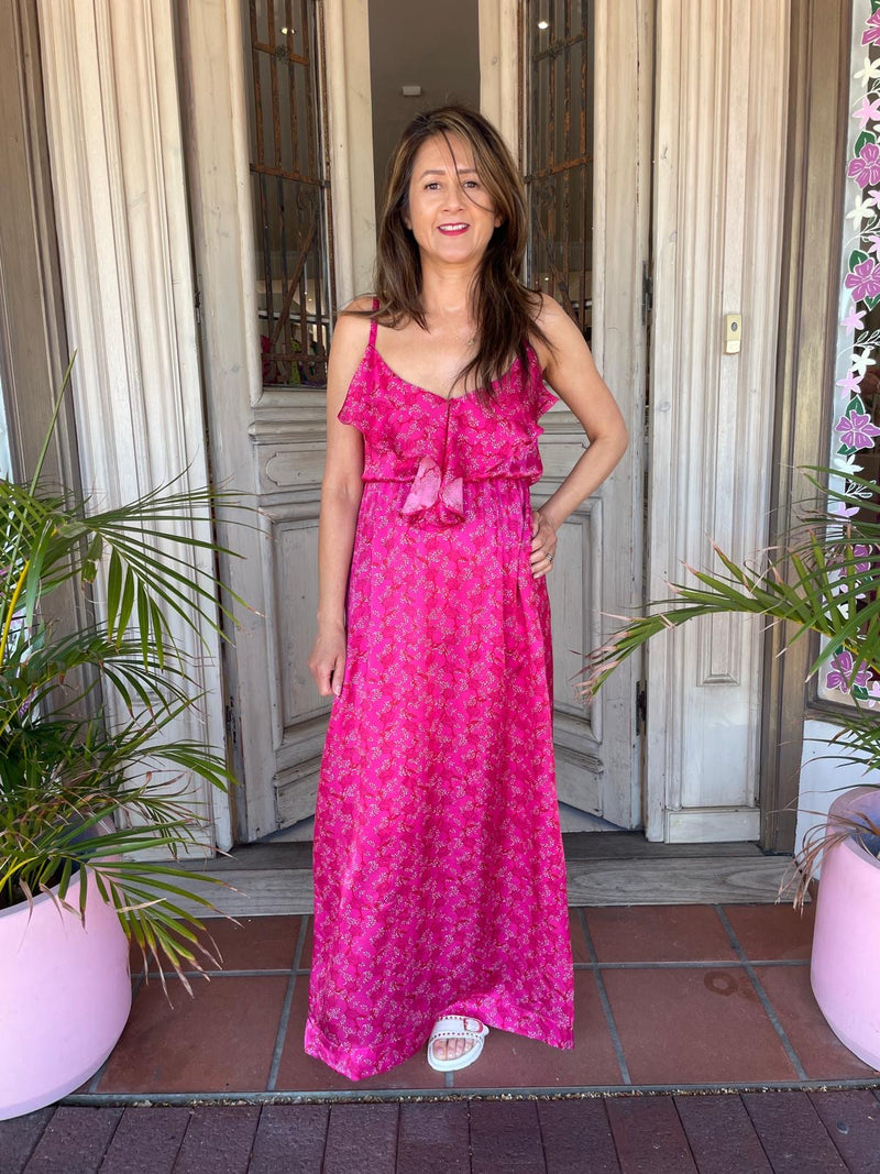 FLEUR SILK LONG DRESS | Martini Hot Pink