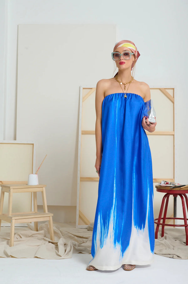 LE SILK ART STRAPLESS DRESS in Yves Klein Blue  from Le Stripe