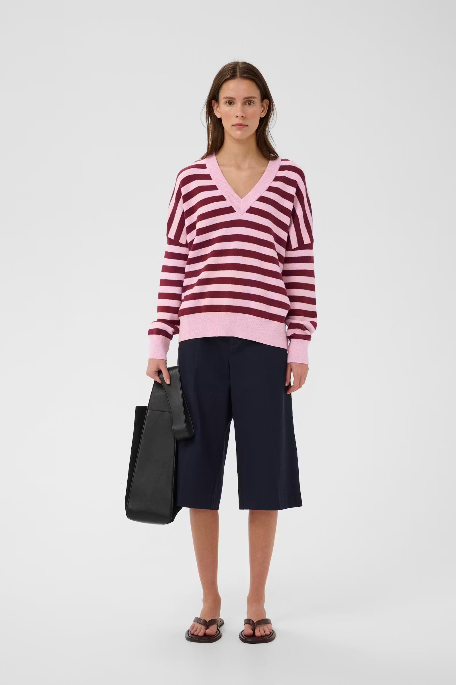 FOSTERIW V NECK KNIT in Pink + Zinfandel Stripe by Inwear