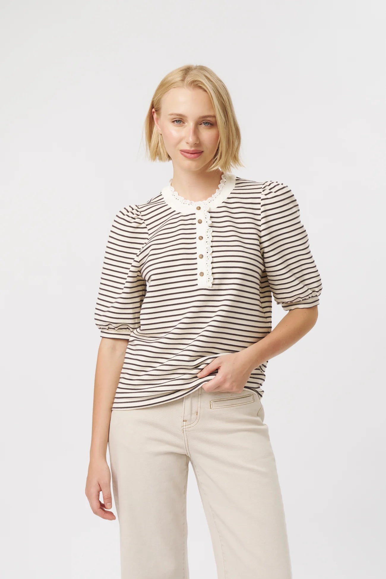 JACQUELINE TOP in White and Brown Stripe by Kireina 