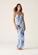 MOS The Label Adriana Maxi Dress in blue floral available from Darling and DOmain