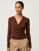 ASTER LYOCELL STRETCH WRAP TOP in Mocha by OnceWas