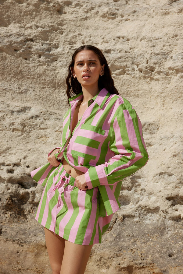 BUDDY SHIRT IN SEAGRASS/SALMON STRIPE from Aston Studio