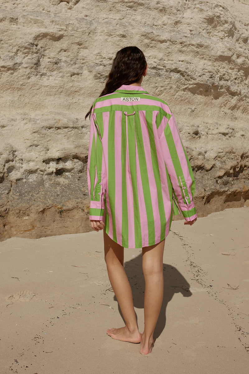 BUDDY SHIRT IN SEAGRASS/SALMON STRIPE from Aston Studio