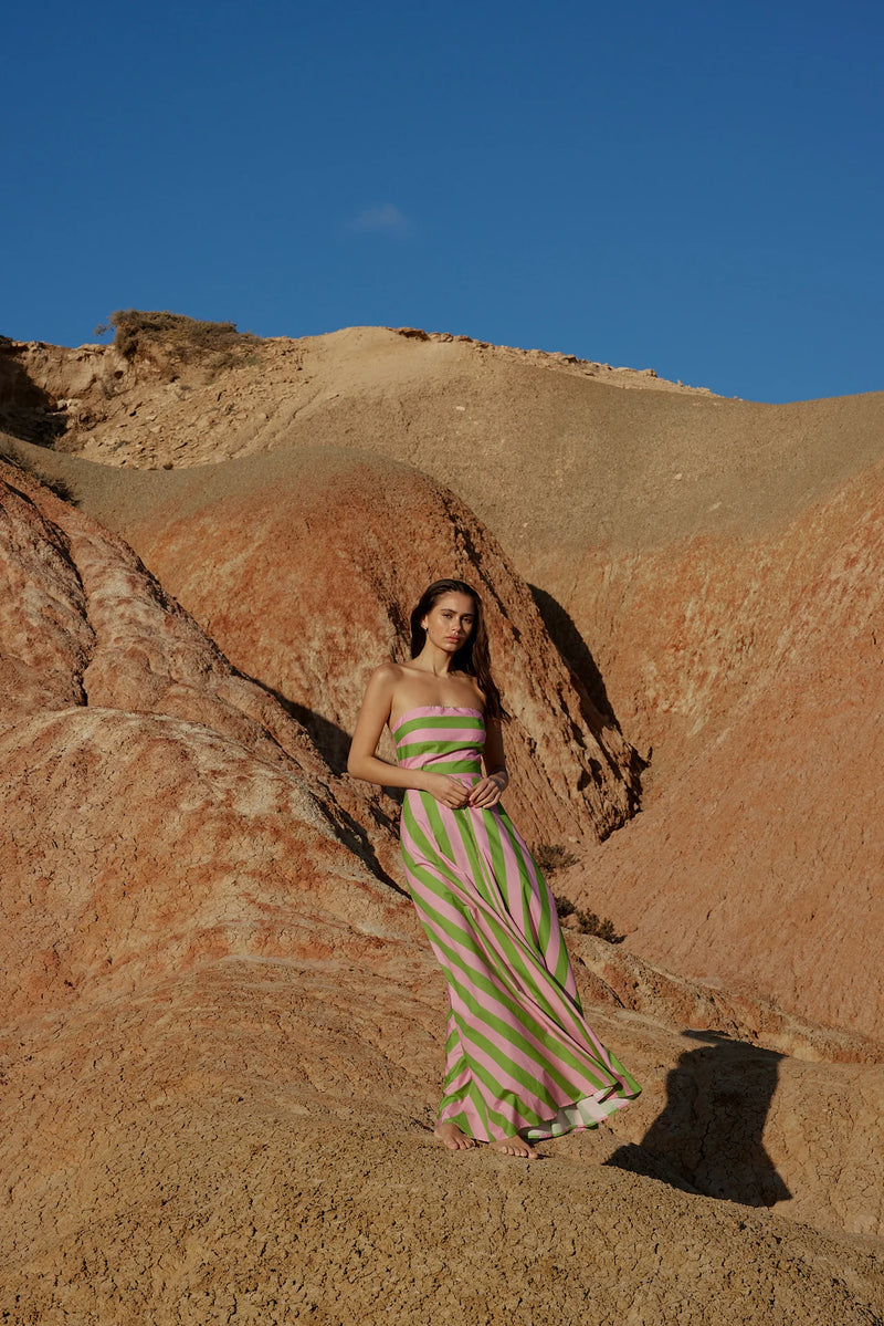 HAZEL DRESS IN SEAGRASS/SALMON STRIPE from Aston Studio