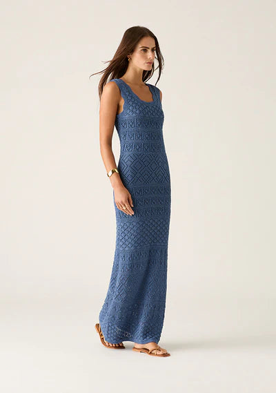 Mos The Label Bruna Pointelle Midi knit dress in harbour blue