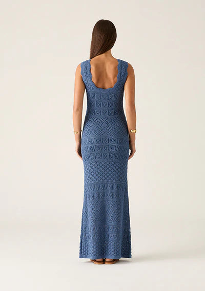 Mos The Label Bruna Pointelle Midi knit dress in harbour blue