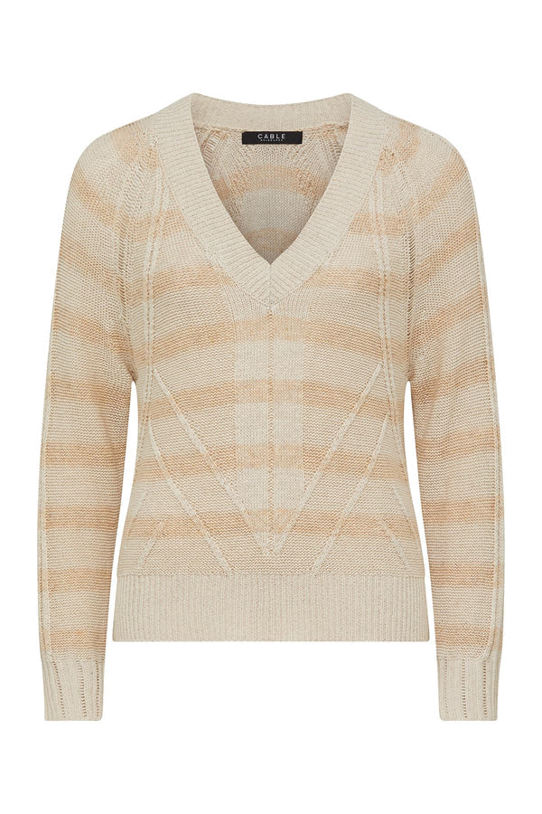 RAFFLES V NECK JUMPER in Natural Stripe from Cable Melbourne