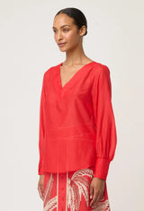 Calissa Cotton Silk V-Neck Blouse in Crimson by OnceWas