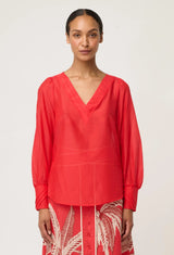Calissa Cotton Silk V-Neck Blouse in Crimson by OnceWas
