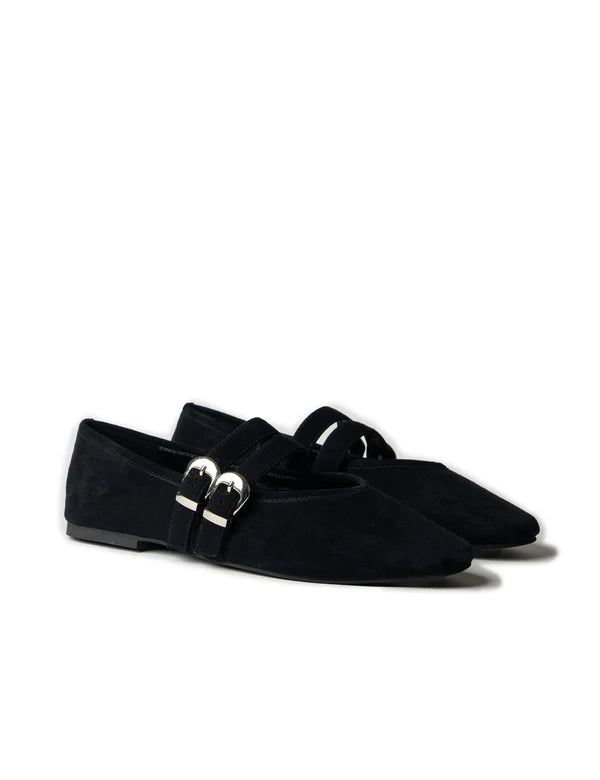 DOUBLE BUCKLE BALLET FLAT in Black by La Tribe