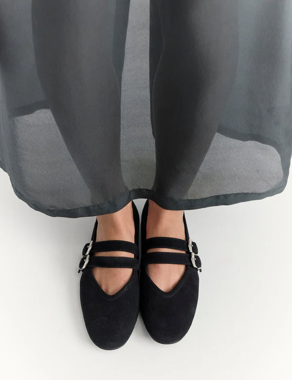 DOUBLE BUCKLE BALLET FLAT in Black by La Tribe