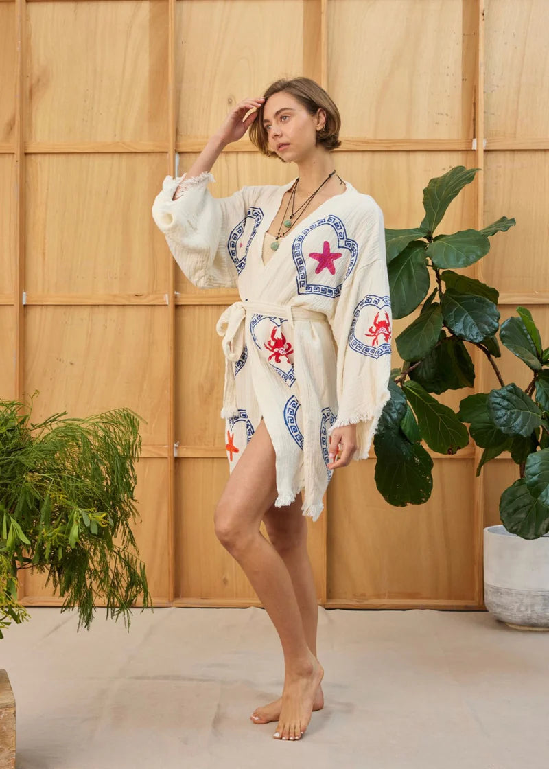 NATURAL MIDI ROBE | Crab + Sea Star Print - Darling & Domain