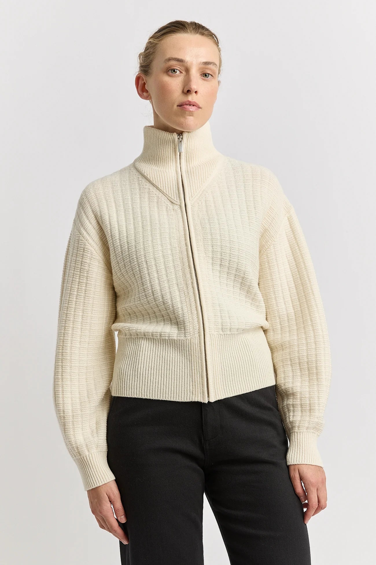 GRID KNIT ZIP THROUGH CARDIGAN in Ivory by Toorallie