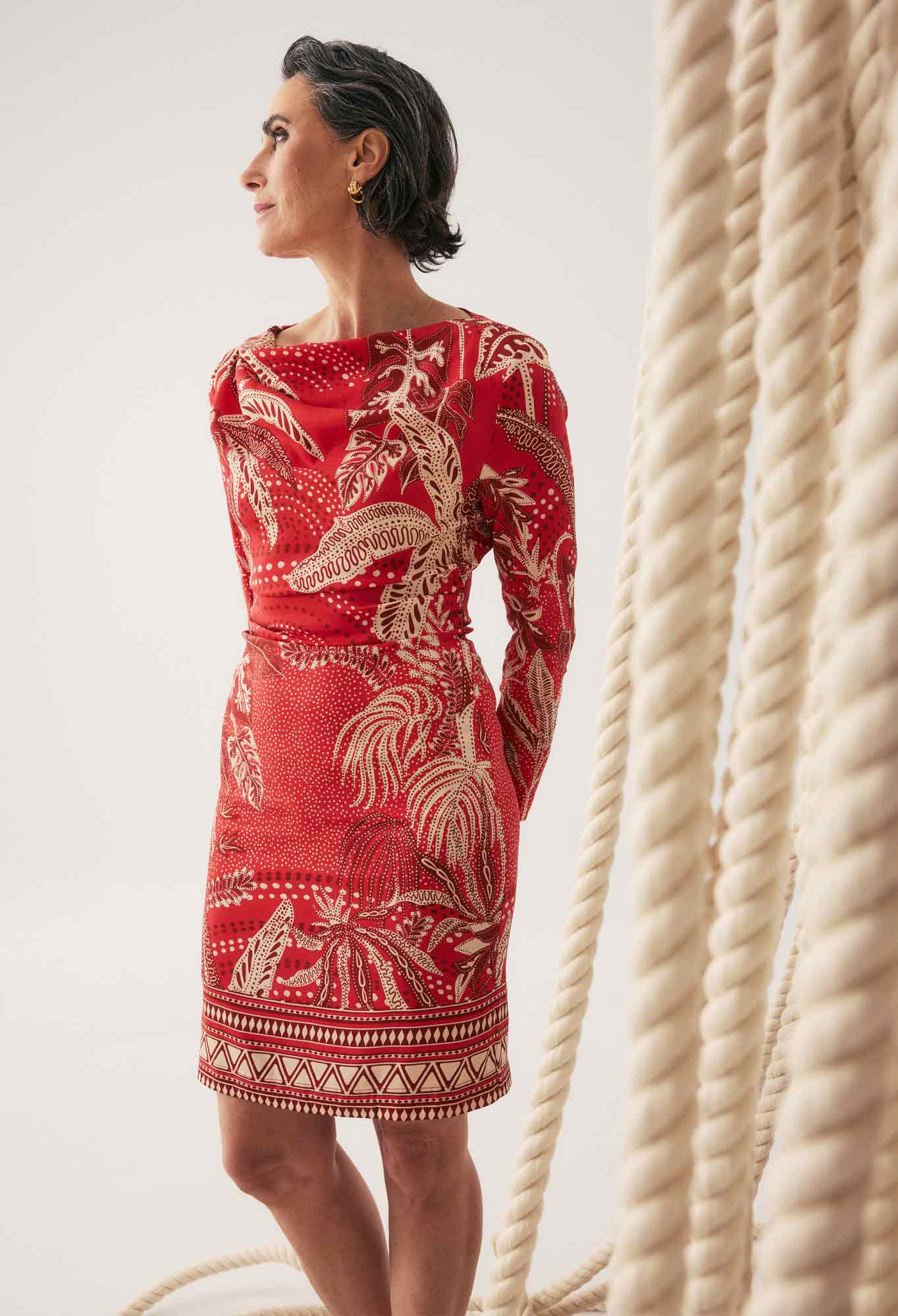 Helsa Draped Neck Cupro Viscose Stretch Long-Sleeve Dress in Crimson Palms by OnceWas