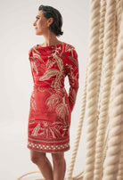 Helsa Draped Neck Cupro Viscose Stretch Long-Sleeve Dress in Crimson Palms by OnceWas
