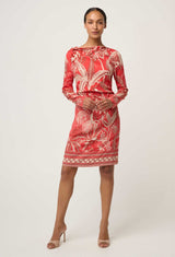 Helsa Draped Neck Cupro Viscose Stretch Long-Sleeve Dress in Crimson Palms by OnceWas