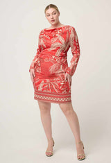 Helsa Draped Neck Cupro Viscose Stretch Long-Sleeve Dress in Crimson Palms by OnceWas