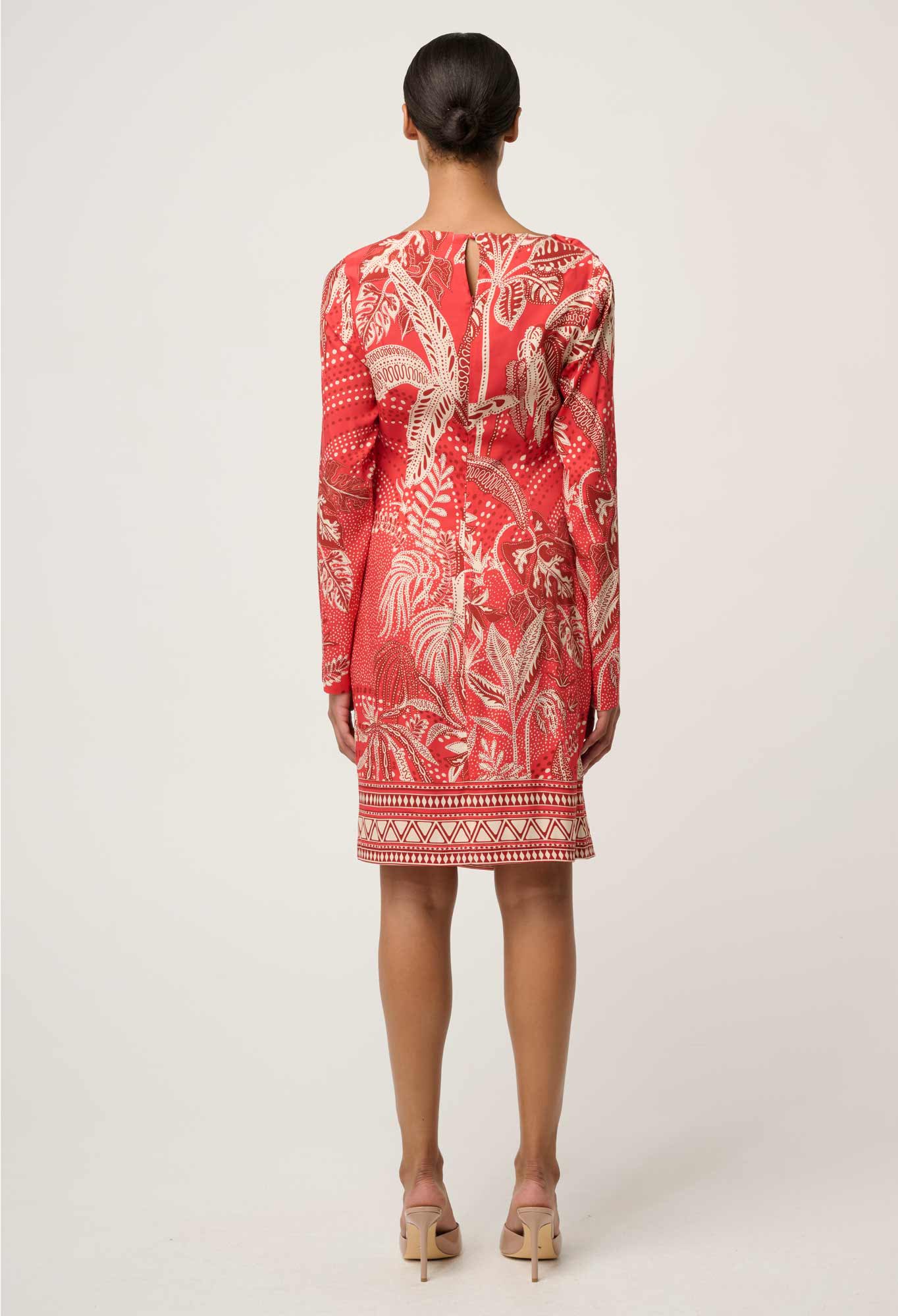 Helsa Draped Neck Cupro Viscose Stretch Long-Sleeve Dress in Crimson Palms by OnceWas