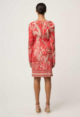 Helsa Draped Neck Cupro Viscose Stretch Long-Sleeve Dress in Crimson Palms by OnceWas