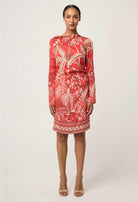 Helsa Draped Neck Cupro Viscose Stretch Long-Sleeve Dress in Crimson Palms by OnceWas
