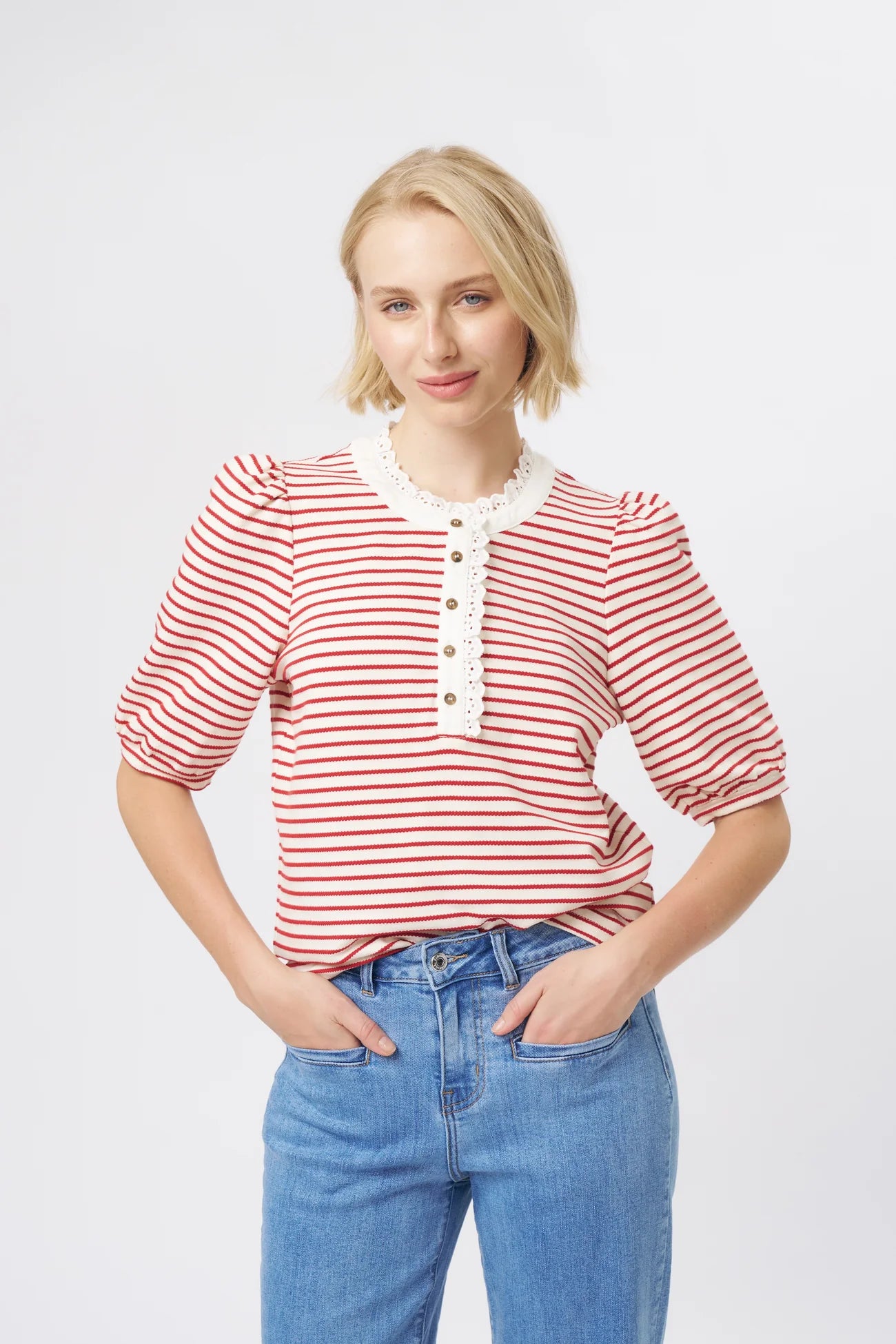 JACQUELINE TOP in White and Red Stripe by Kireina
