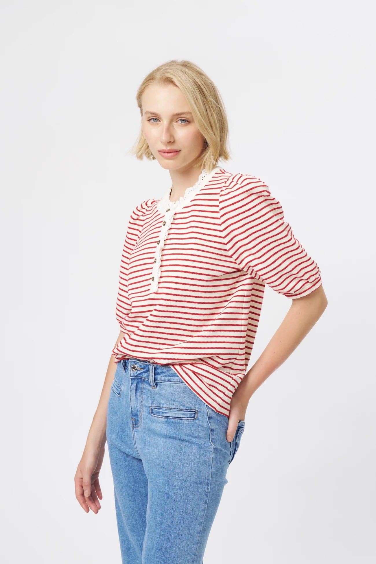 JACQUELINE TOP in White and Red Stripe by Kireina