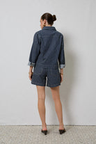 ZOLA LONG DENIM SHORT in Indigo Stripe by Dricoper