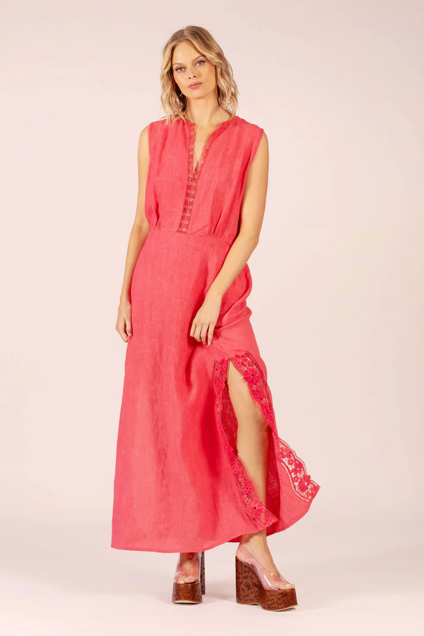 STELLA LINEN + LACE LONG DRESS | Watermelon