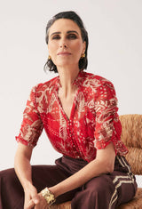 Lunette Viscose Chiffon Blouse in Crimson Palms by OnceWas