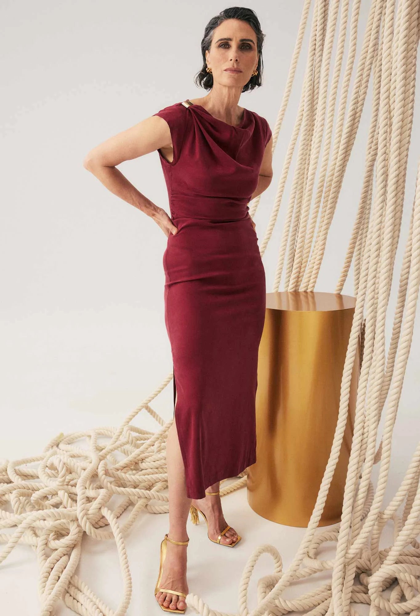Monique Draped Neck Cupro Viscose Stretch Gold Column Dress in Ruby by OnceWas