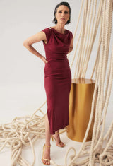 Monique Draped Neck Cupro Viscose Stretch Gold Column Dress in Ruby by OnceWas