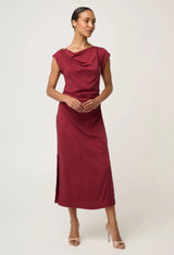Monique Draped Neck Cupro Viscose Stretch Gold Column Dress in Ruby by OnceWas