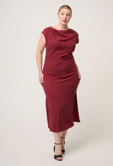 Monique Draped Neck Cupro Viscose Stretch Gold Column Dress in Ruby by OnceWas